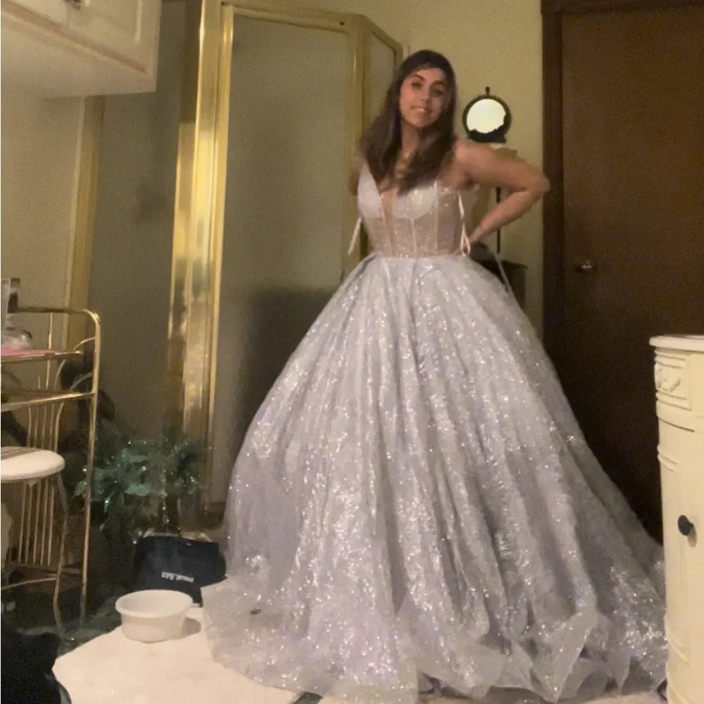 Elegant Pastel Purple Ballgown with Sheer Details, corset waist, silver glitter - Picture 11 of 11